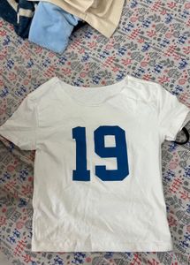 White T-Shirt with Blue '19' Graphic