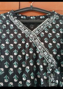 Black Printed pure cotton Kurta with Tassels