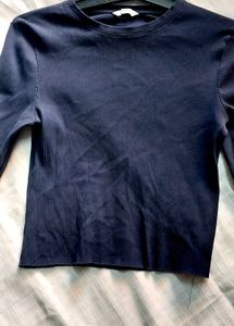 Navy Blue Ribbed Long Sleeve Top
