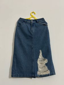 H&M Distressed Denim Midi Skirt with Chain Detail