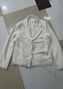 Cream Textured Fringed Blazer tweed jacket