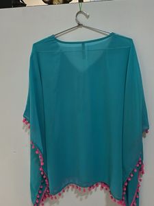 Blue Kaftan Top with Pink Pom Poms