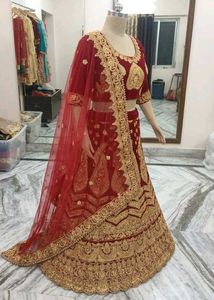 Bridal Red Velvet Lehenga Choli with Golden Embroi