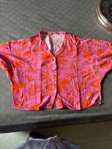 Pink & Orange Floral Print Button-Up Top
