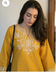 Embroidery Yellow Cotton Kurta Set with Palazzo Pa