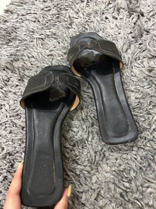 Black Leather Slides