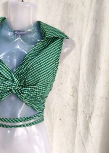 Green Gingham Twist Front Crop Top