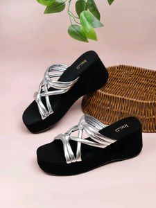 Silver Strapy Open Toe Wedge Heels With Knots