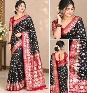 Elegant Black & Red Banarasi Silk Saree