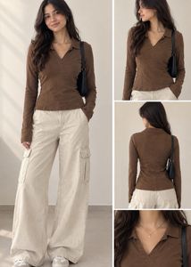 Brown Long Sleeve Collared Top