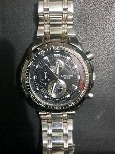 Heavy Silver Chain Watch With Black Dial.