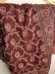 Embroidered Maroon Silk Saree