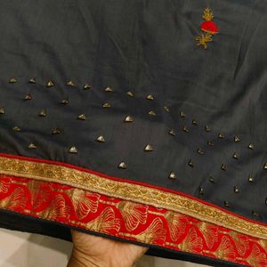 Designer Grey Saree with Red &amp; Gold Border