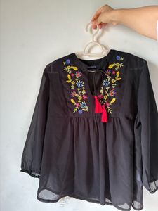 Embroidered Black Blouse with Tassels