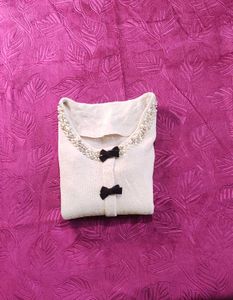 Cream Cardigan with Bows and Pearls