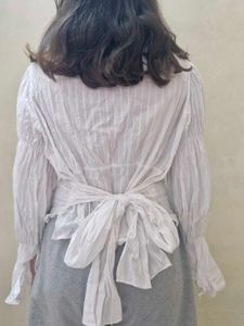 White Ruffle Sleeve Tie-Up Top