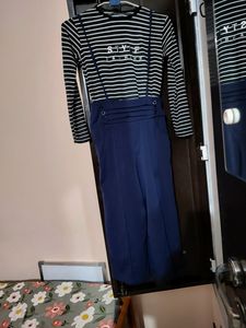 Striped Top and Navy Blue Jump Suit Pant