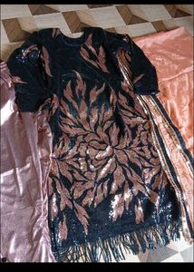 bust 32 Sparkling Black &amp; Peach Kurta Set