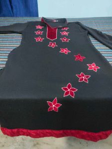 Elegant Black Kurta with Red Floral Embroidery