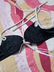 Black Halter Bikini Top with White Trim
