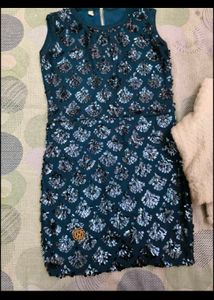 Peacock colour Party sequence dress with fur coat