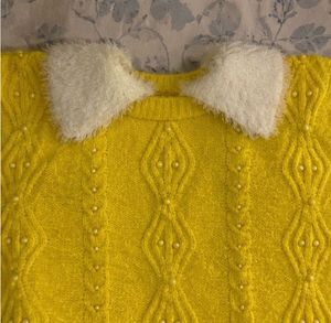 Bright Yellow Knit Sweater with Pearl Details