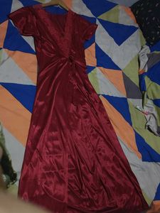 Elegant Red Satin Robe Nighty dress
