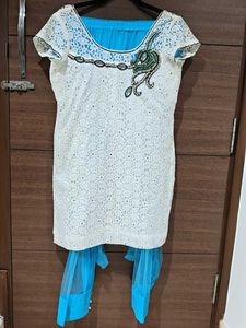 Designer White and Blue Kurta Set