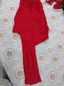 Red Embroidered Shirt With Pajami