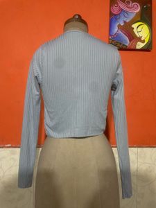 Light Blue Ribbed Tie-Front Top