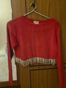 Red Cropped Top with Rhinestone Fringe