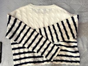 Cream &amp; Navy Striped Knit Sweater