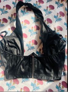 Black Faux Leather Halter Neck Crop Top