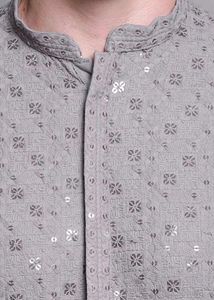 Men's Grey Embroidered Kurta