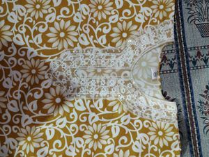Yellow Floral Print Kurta with Lace Detail