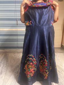 Navy Blue off Shoulder Embroidered Anarkali Dress