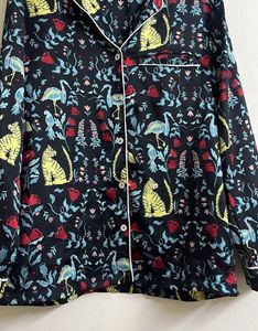 Whimsical Cat &amp; Crane Print Pajama Top
