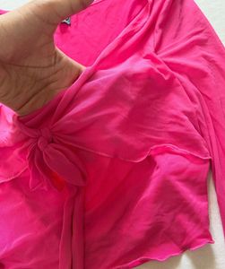 Hot Pink Tie-Front Bell Sleeve Top