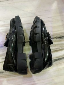 Black Patent Loafers with Gold Buckle