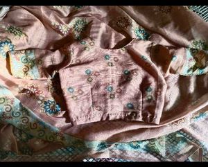 peach saree with fall &amp; Blouse.