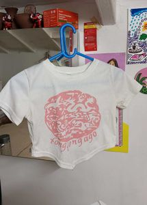 Cute White Crop Top with Pink Graphic Print