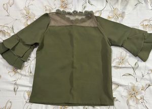 Green Ruffled Sleeve Top with Floral Detail