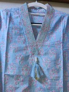 Blue Printed Cotton Kurta Set