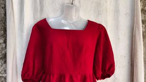 Chic Red Square Neck Puff Sleeve Dress