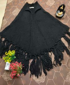 Black Fringe Knit Poncho