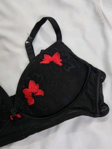 Floral Embroidered Black Bra