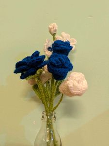 Crocheted Blue and White Flowers in Glass Vase