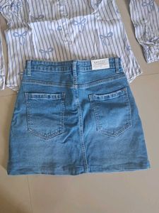 Denim Skirt and Bow Print Shirt Set