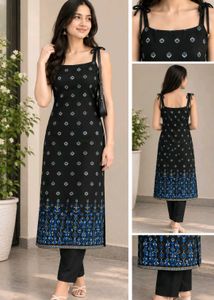 Cute Black Floral Print Strap Kurti