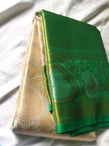 white and green Brocade rich silk saree